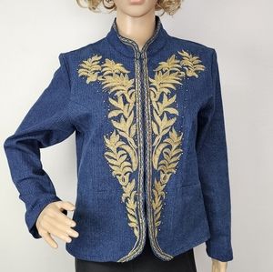VTG Entice Blazer Jacket Navy Denim Look Gold Embroidered  Sz S Y2K Retro